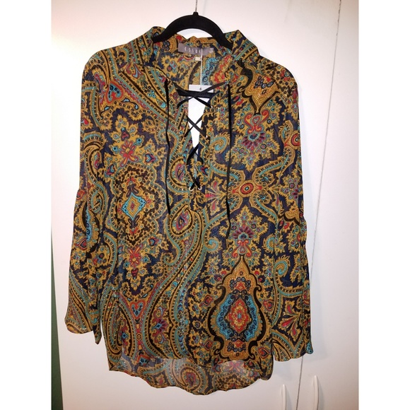 NWT Essue Boho Navy Mustard Chiffon Top - Picture 6 of 8